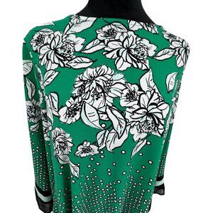 Alfani Womens 2X Green Floral Tunic Top Bell Sleeves Stretch Asymmetrical‎ Boxy